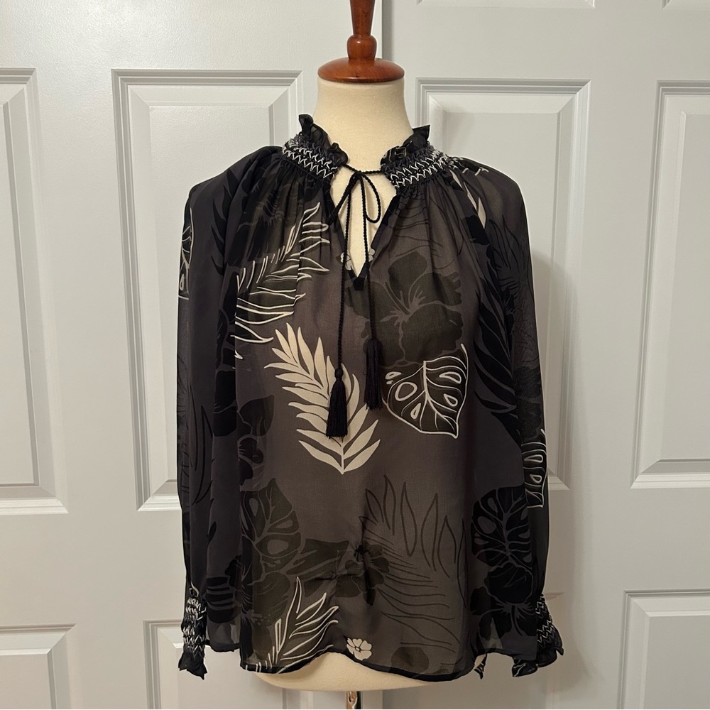 Cabi Sheer Black Tropical Print Blouse
